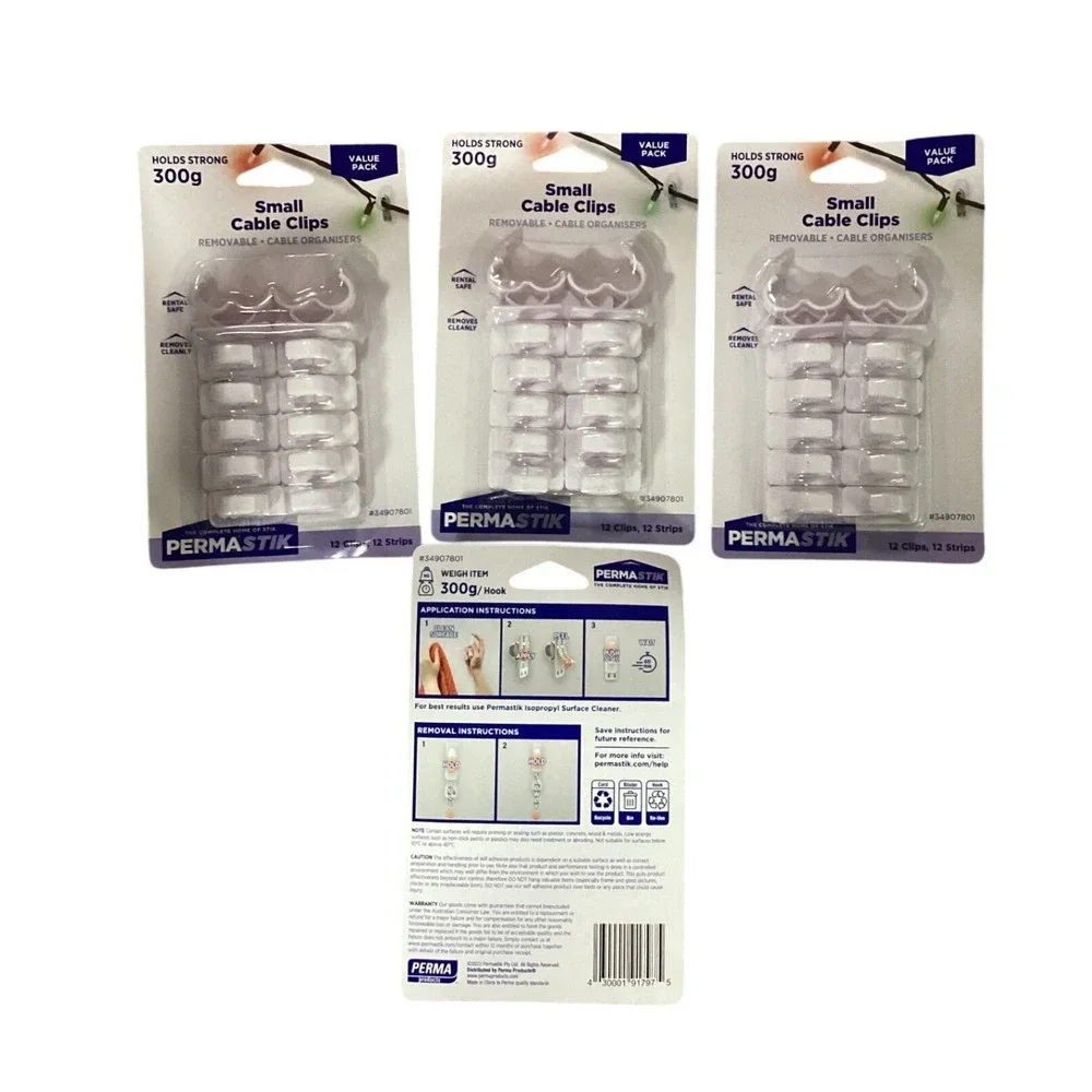 4- Small Cable Clips Removable Value Pack 12 Clips Holder Organiser